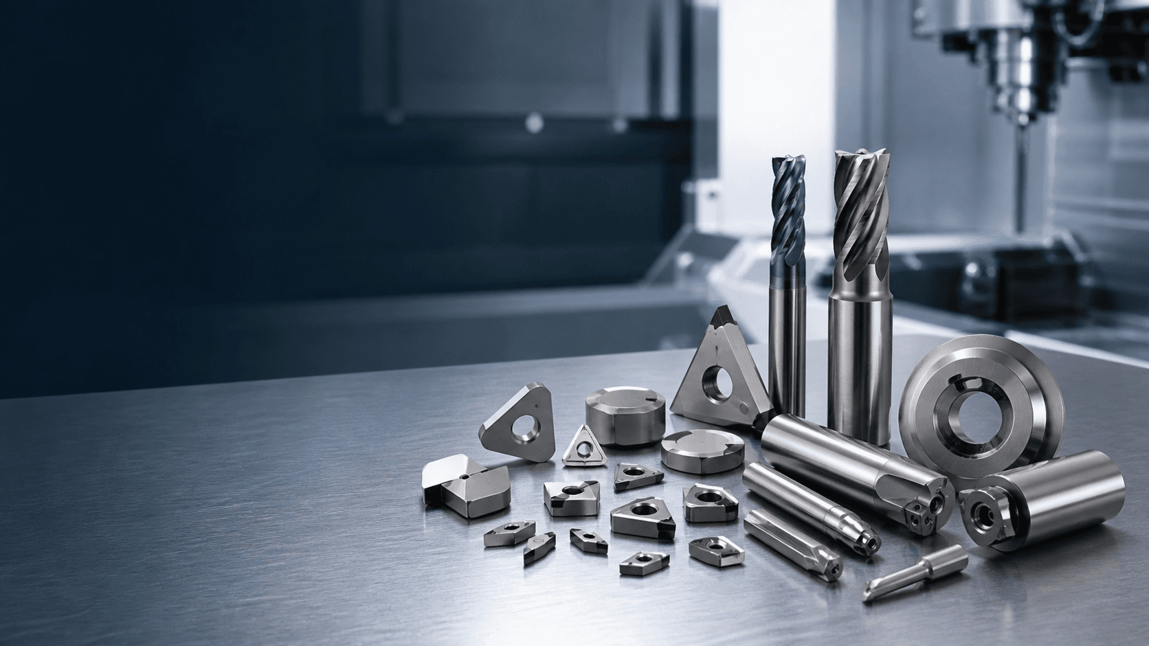 Precision PCD, PCBN and carbide cutting tools arranged on a metal workbench